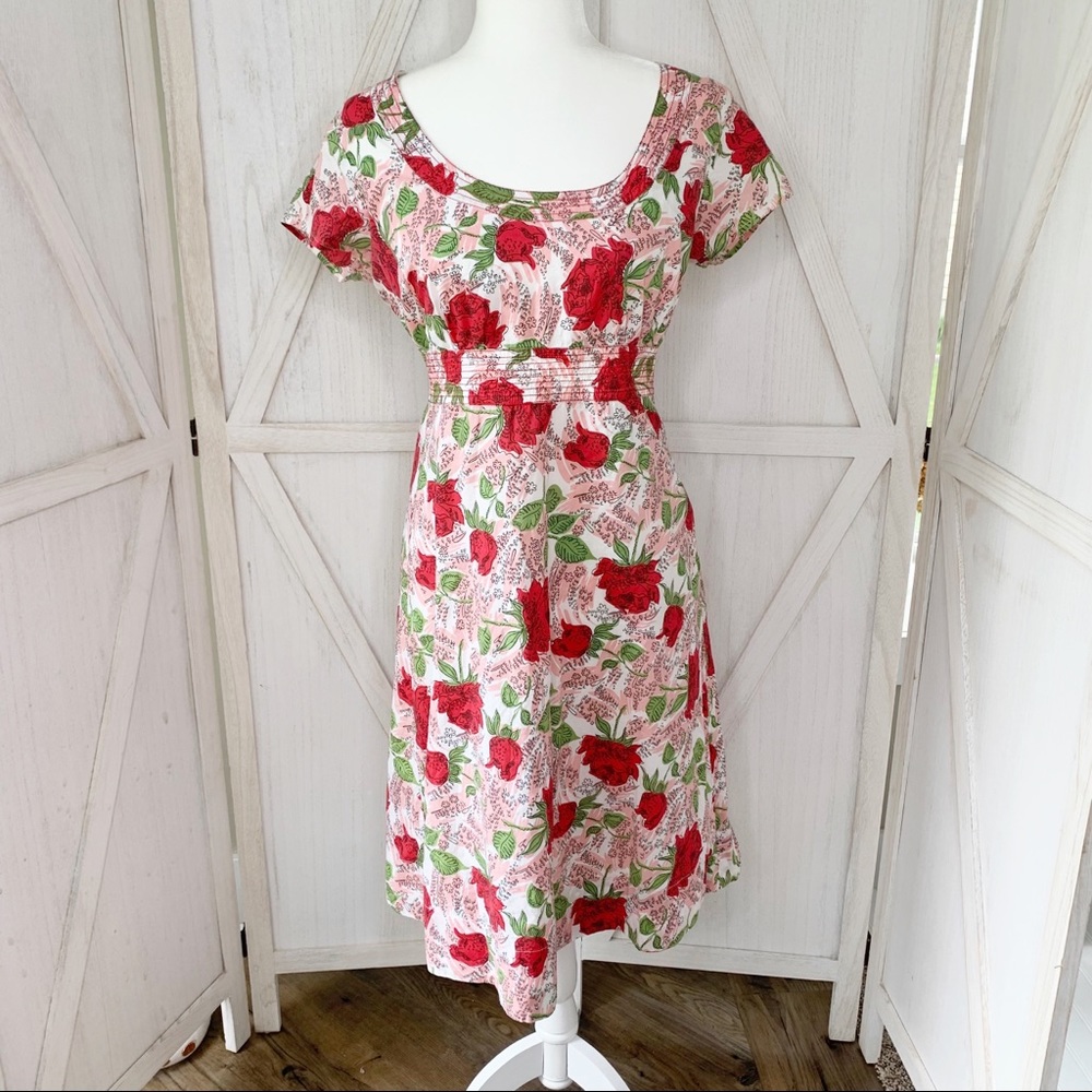 Boden Floral Rose Short Sleeve Cotton Empire High Waist A-Line  Dress 12R
